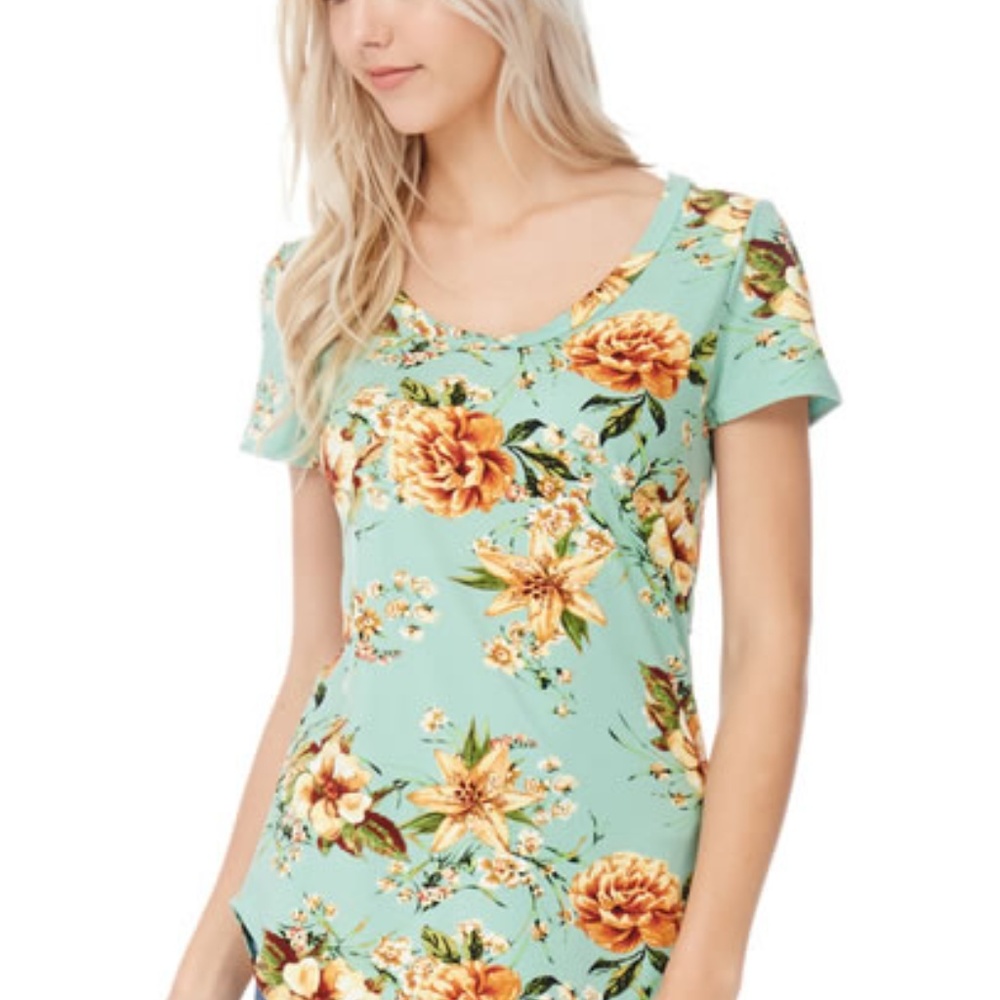 Green floral short sleeves shirt / t shirt top